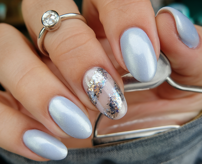chrome nail designs 2026 - silver and blue chrome nails