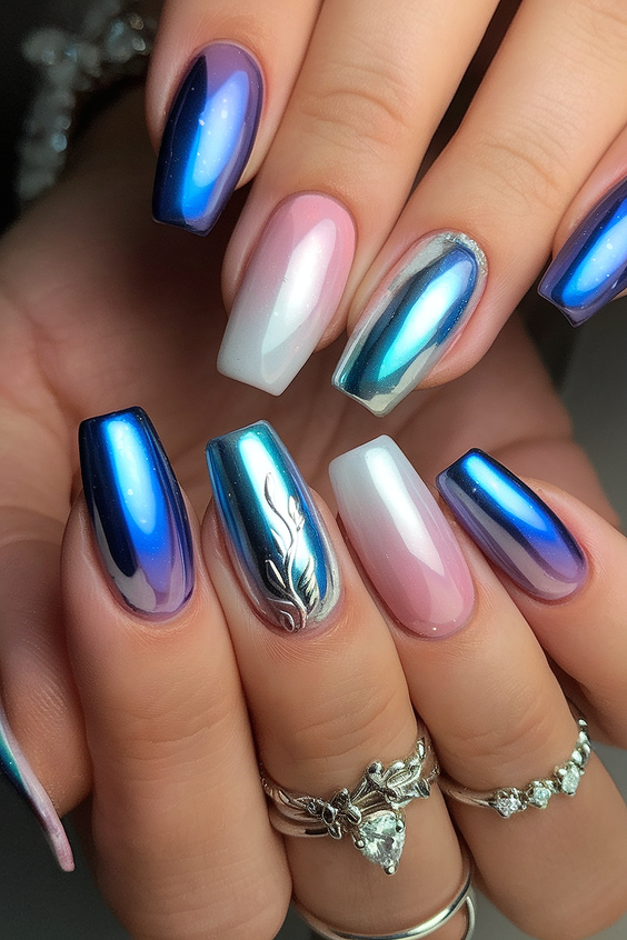 chrome nail designs 2026 - blue chrome stiletto nails