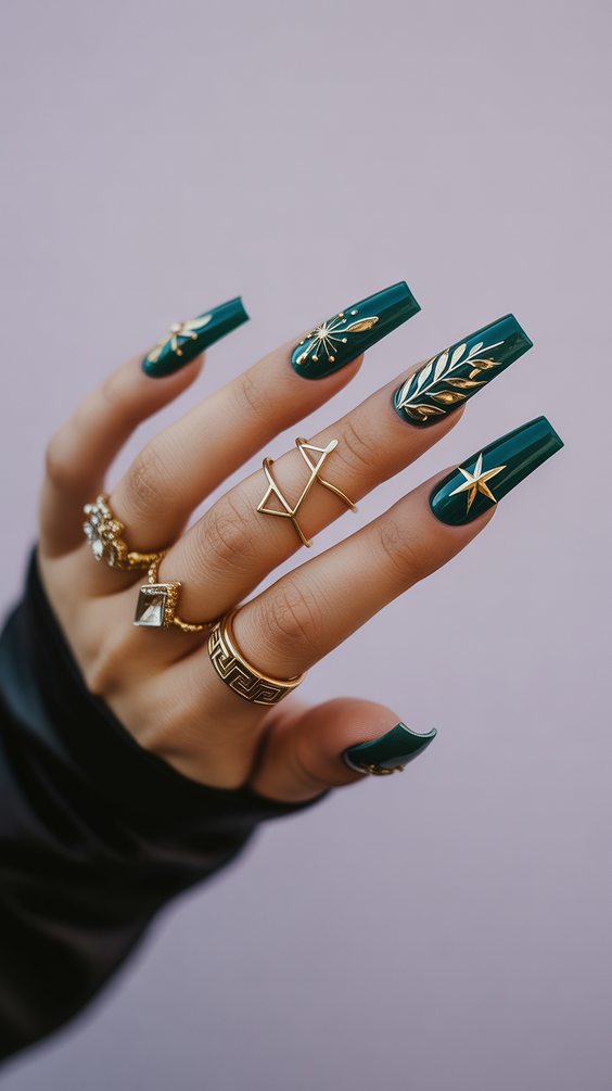 coffin nail designs 2026 Emerald Green Coffin Nails With Gold Star Accents