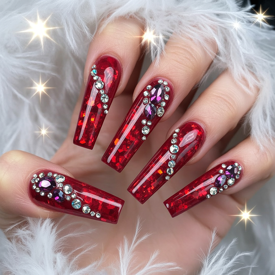 coffin nail designs 2026 Red Coffin Nails With Crystal Chains And Gloss Finish