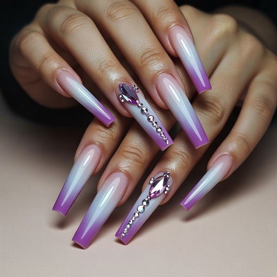 coffin nail designs 2026 Lavender Ombre Coffin Nails With Rhinestone Centerpieces