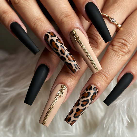 coffin nail designs 2026 Matte Black And Nude Coffin Nails With Leopard And Zipper Details