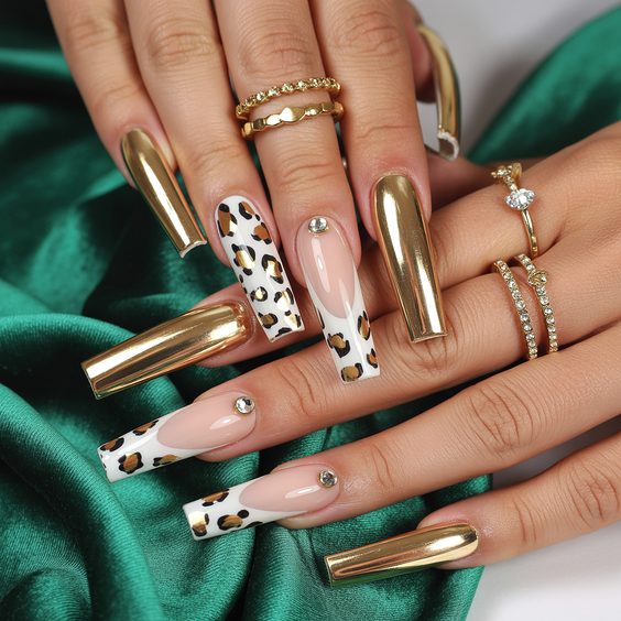 coffin nail designs 2026 Gold Chrome Coffin Nails With Leopard And Nude Details