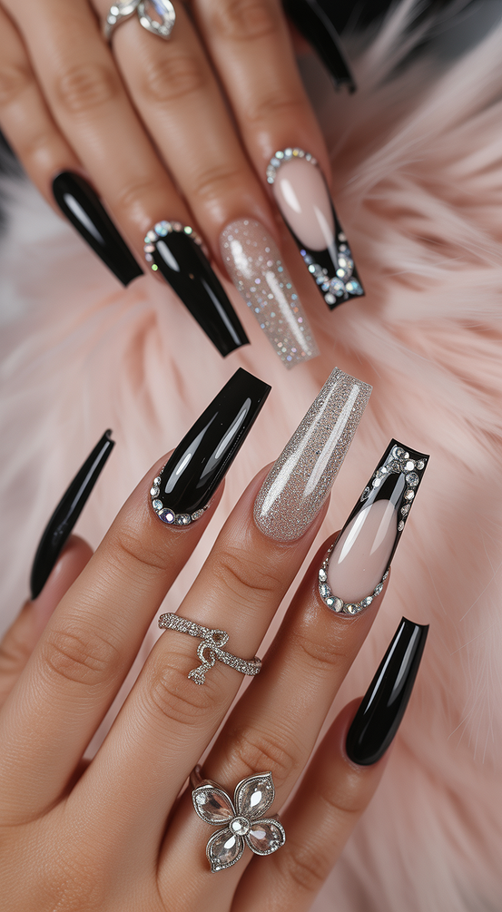 coffin nail designs 2026 Black And Nude Coffin Nails With Crystal-Framed Details