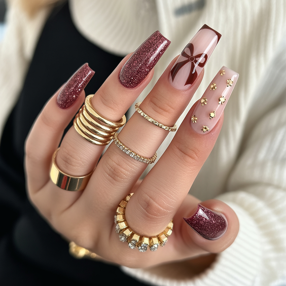 coffin nail designs 2026 Burgundy Coffin Nails With Ribbon Art And Stud Details