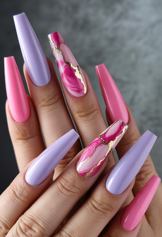 coffin nail designs 2026 Pink And Lavender Coffin Nails With Marble And Gold Veining