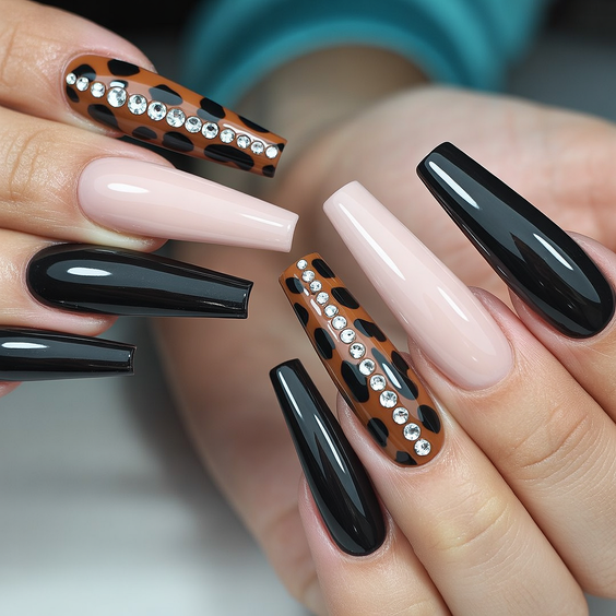 coffin nail designs 2026 Black And Nude Leopard Coffin Nails With Rhinestones