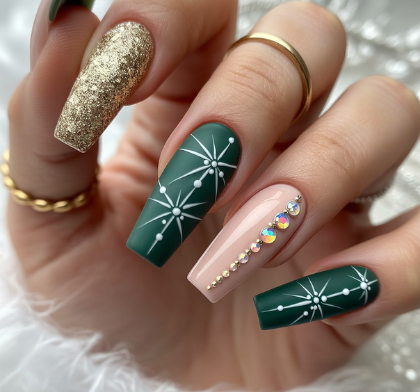 coffin nail designs 2026 Green And Nude Coffin Nails With Starburst Details