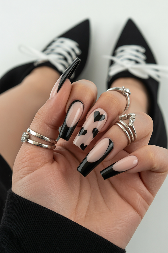 coffin nail designs 2026 Black French Tip Coffin Nails With Heart Accents