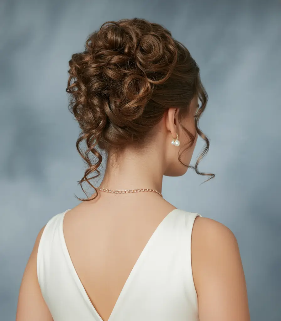 Curly Hairstyles Inspiration 2026 Romantic Sculpted Updo With Cascading Curl Ribbons