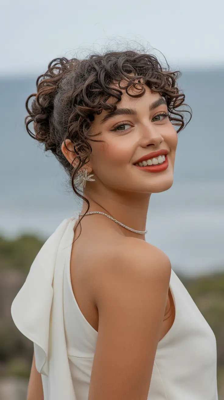 Curly Hairstyles Inspiration 2026 Curly Crown Bun With Feathered Fringe Spirals