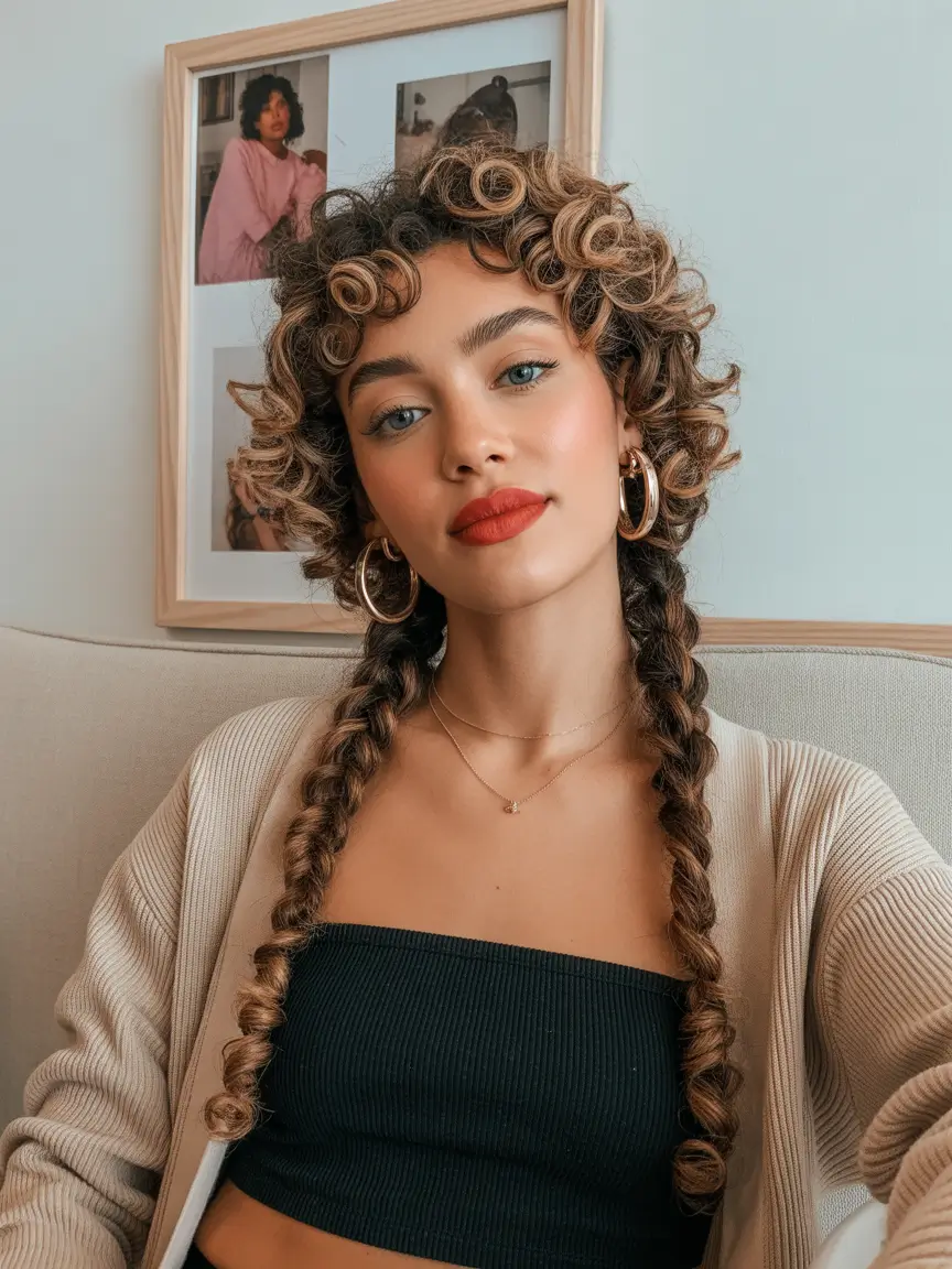 Curly Hairstyles Inspiration 2026 Defined Spiral Fringe With Soft Twin Braids