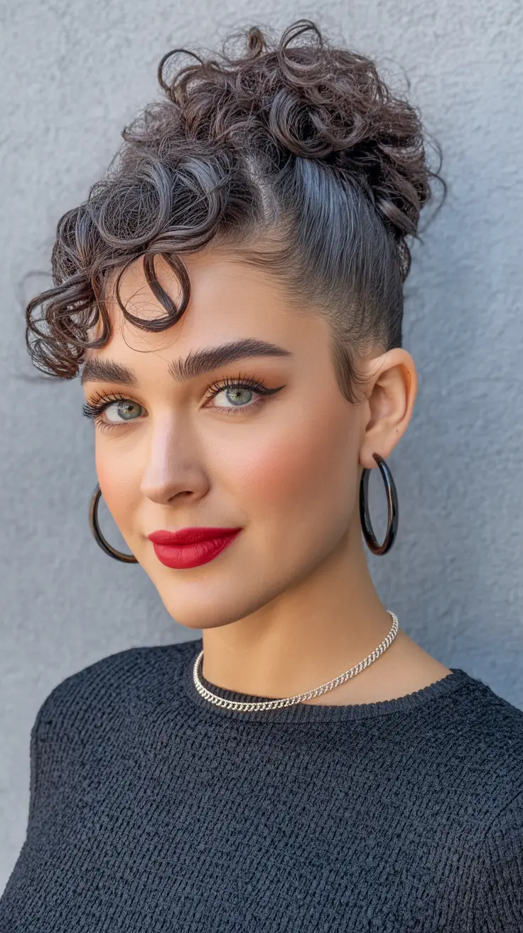 Curly Hairstyles Inspiration 2026 High Gloss Curly Bun With Sculpted Front Spirals