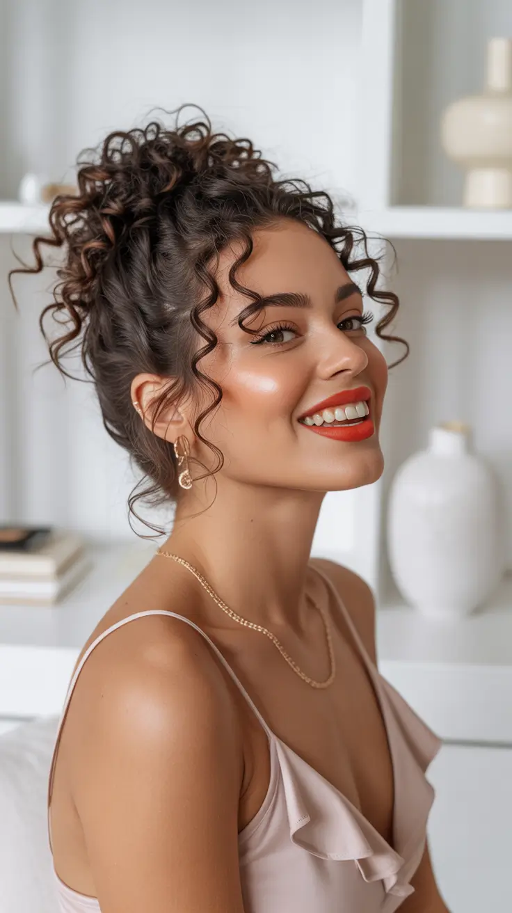 Curly Hairstyles Inspiration 2026 Soft Voluminous Curly Bun With Floating Spiral Pieces