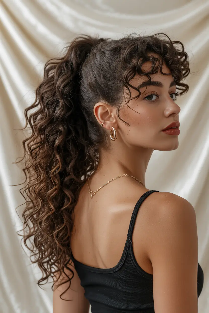 Curly Hairstyles Inspiration 2026 High Curly Ponytail With Loose Spiral Fringe