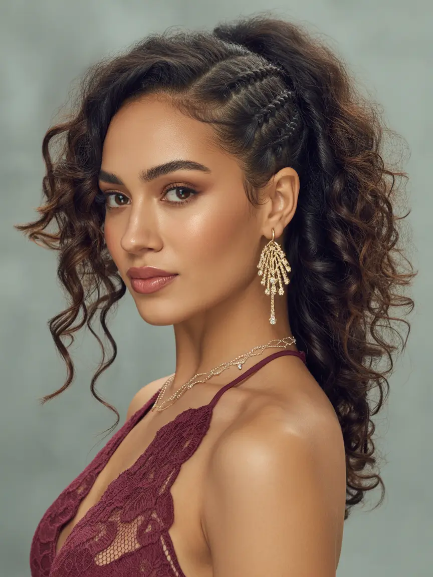 Curly Hairstyles Inspiration 2026 Side Swept Curly Ponytail With Micro Braids