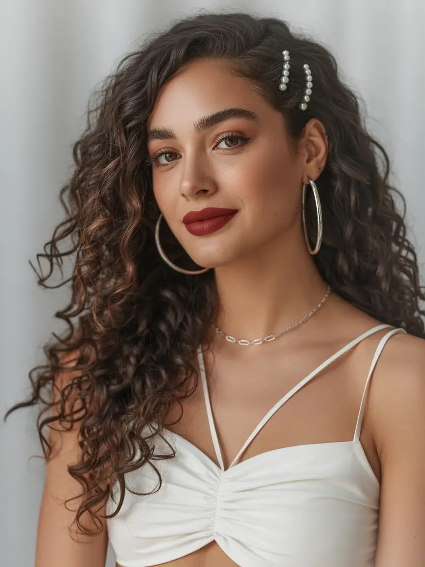 Curly Hairstyles Inspiration 2026 Soft Side Part Curls With Pearl Accents