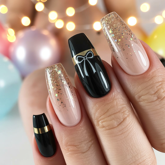 cute birthday nails 2026 black bow glitter