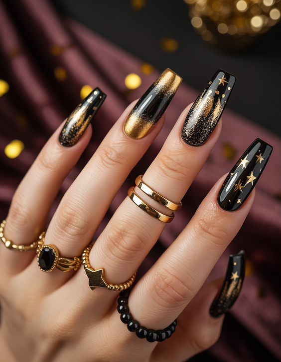 cute birthday nails 2026 black gold stars