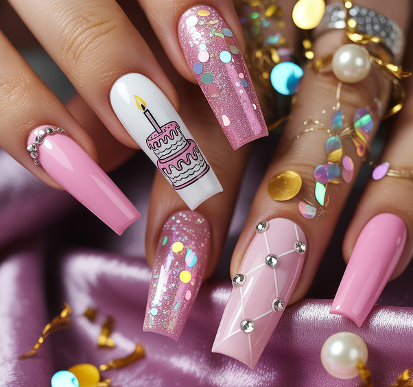 cute birthday nails 2026 pink cake