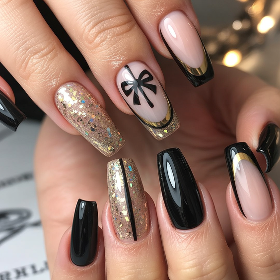 cute birthday nails 2026 black nude bow