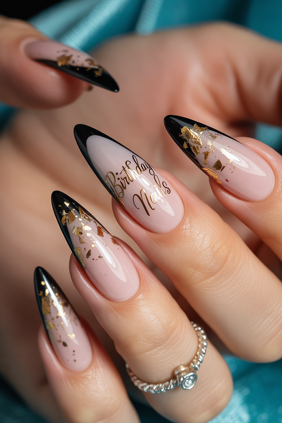 cute birthday nails 2026 black french gold foil