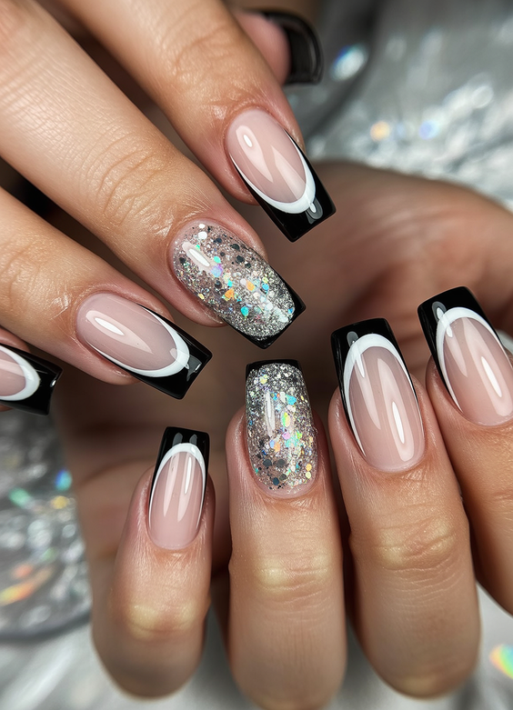 cute birthday nails 2026 black french silver