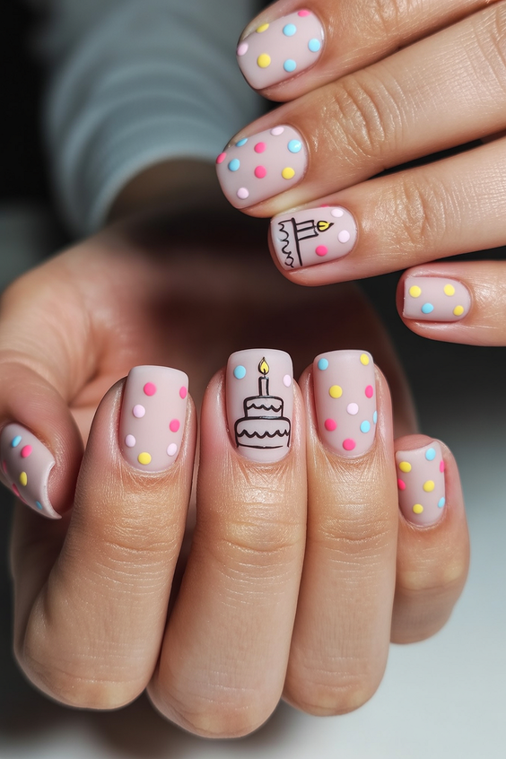 cute birthday nails 2026 pastel dots cake