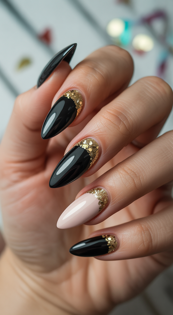 cute birthday nails 2026 black nude gold