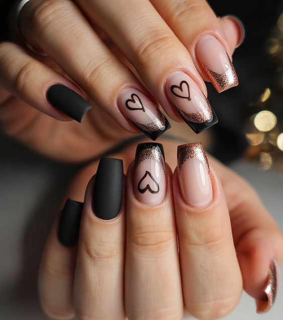 cute birthday nails 2026 matte black hearts