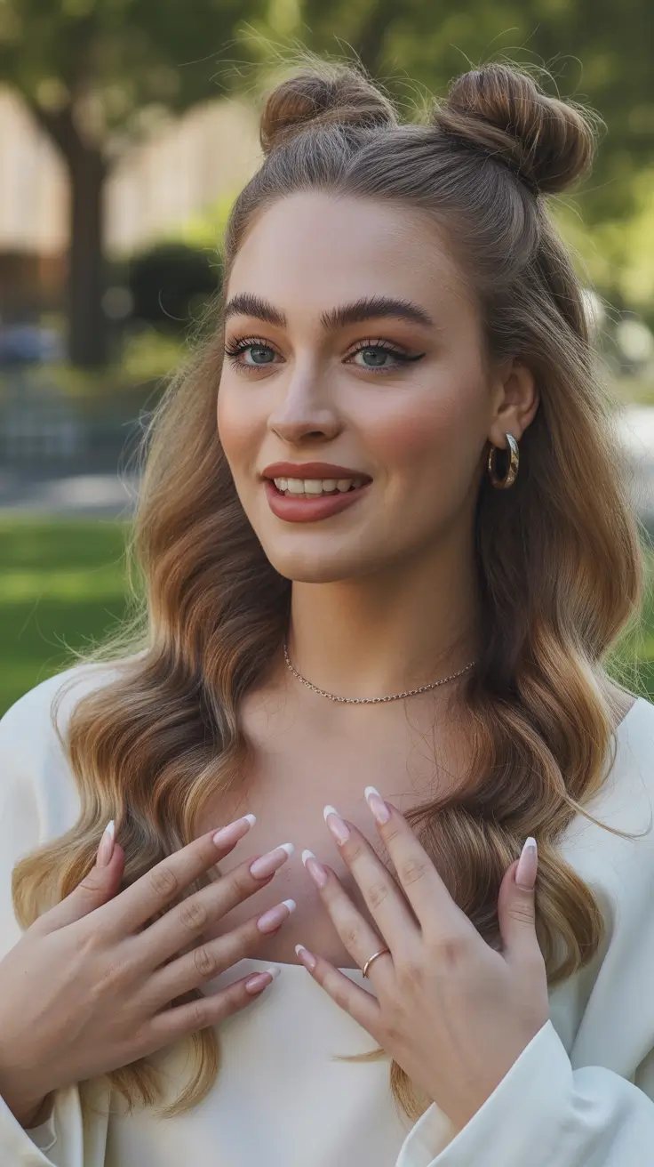 Cute hairstyle inspiration 2026 Half Up Space Buns With Sculpted Waves