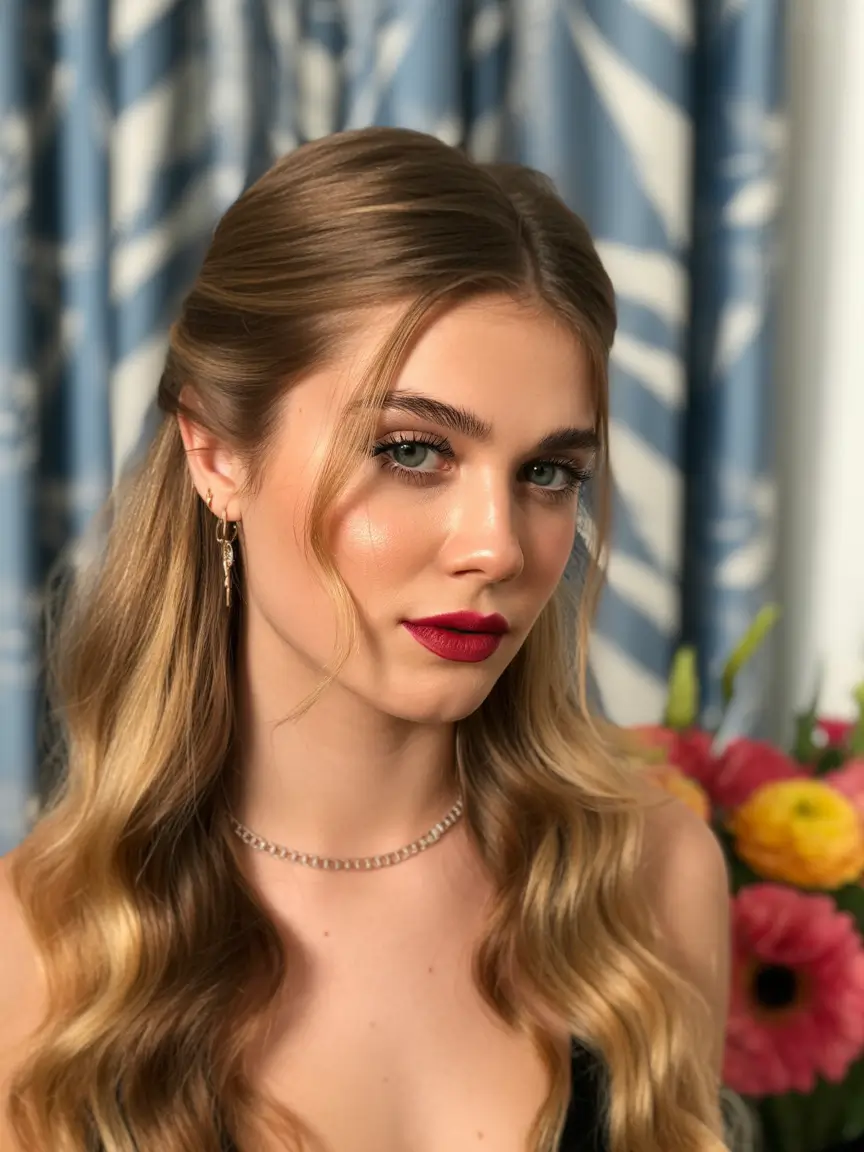 Cute hairstyle inspiration 2026 Romantic Waves With Polished Half Up Twist