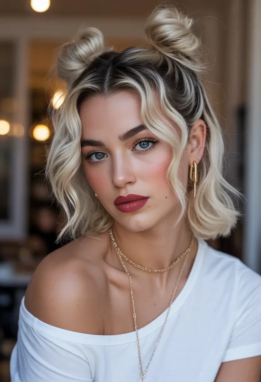 Cute hairstyle inspiration 2026 Playful Double Buns With Soft Waves