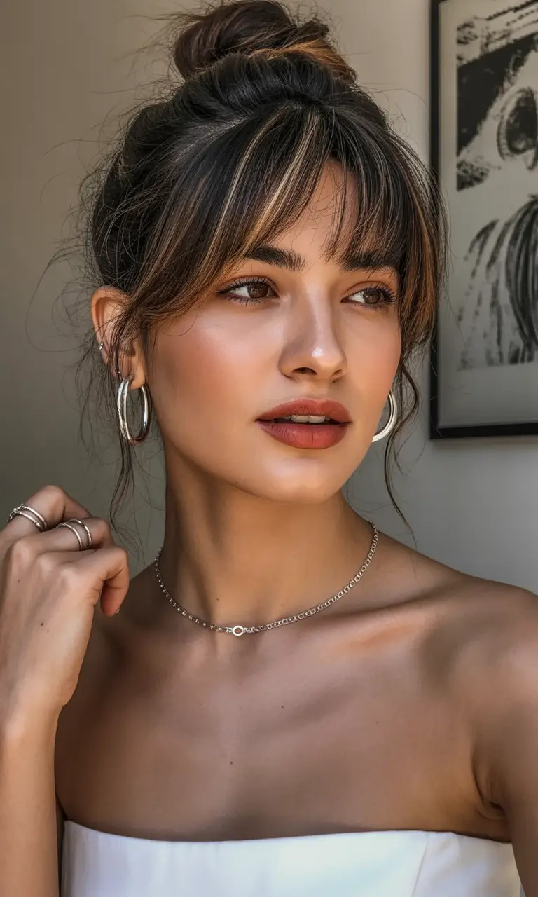 Cute hairstyle inspiration 2026 Soft Fringe Bun With Gentle Highlights