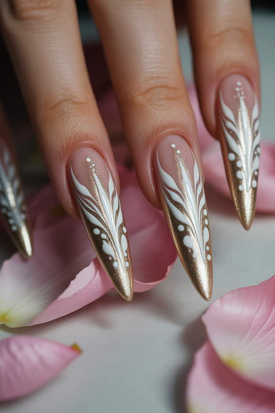 cute nail designs 2026 golden botanical stiletto