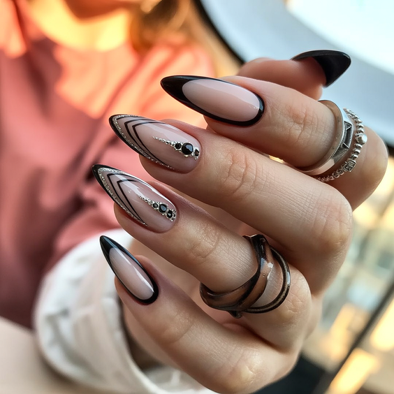 cute nail designs 2026 black french graphic