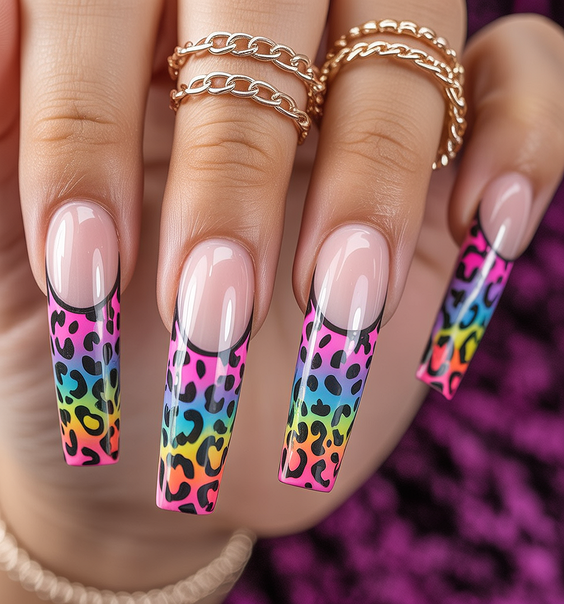cute nails designs 2026 rainbow leopard french