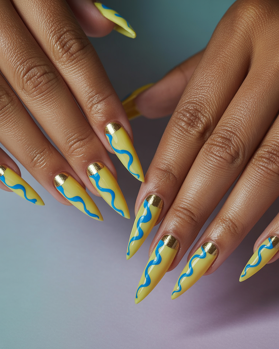 cute nails designs 2026 yellow blue wave