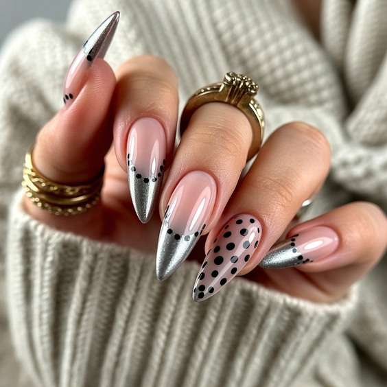 cute nail designs 2026 silver chrome polka dots