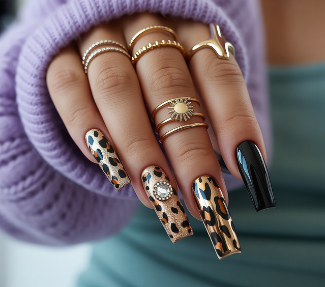 cute nail designs 2026 leopard black manicure
