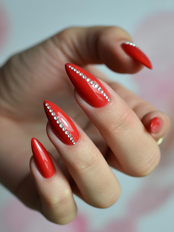cute nail designs 2026 red almond crystals