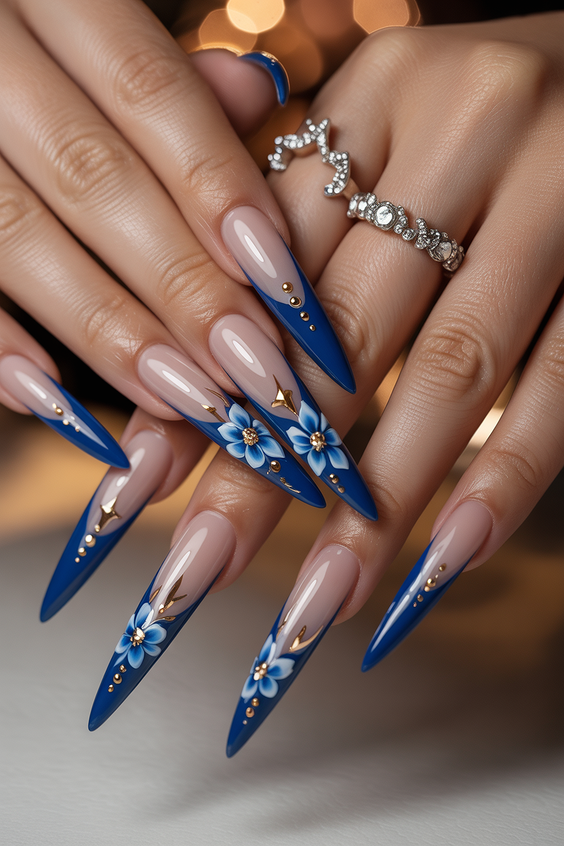 cute nail designs 2026 blue floral french