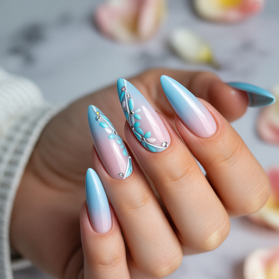 cute nail designs 2026 pastel blue pink floral