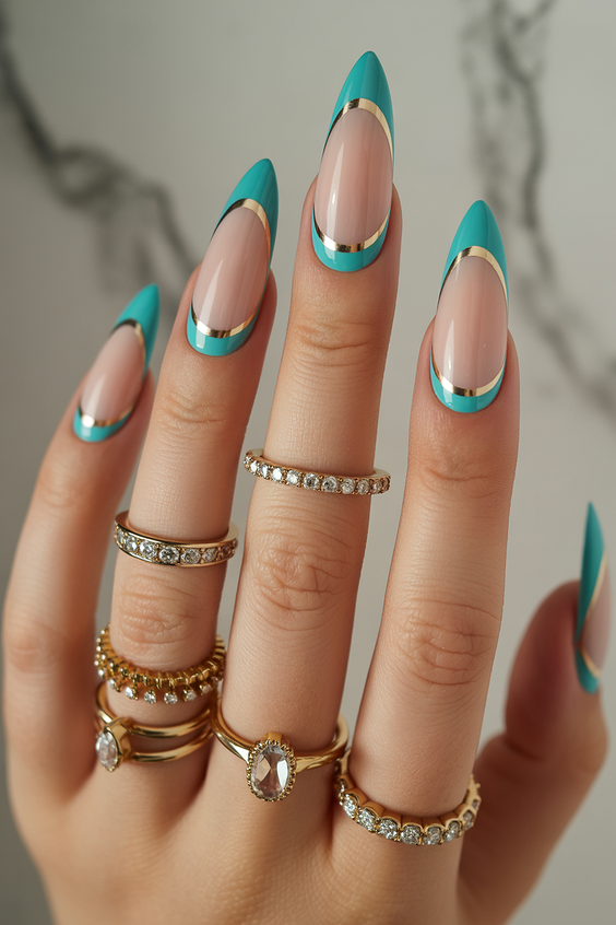 cute nail designs 2026 turquoise gold french
