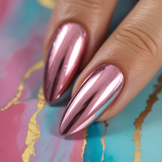 cute pink nails 2026 Rose Chrome Almond Nails With a Liquid Finish