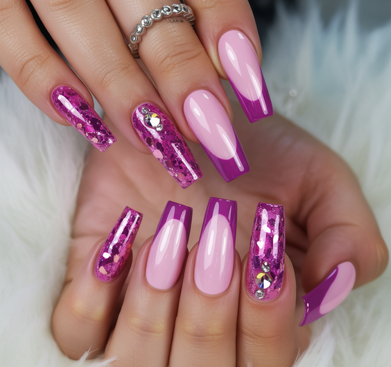 cute pink nails 2026 Bold Pink Square Nails With Glitter Accents