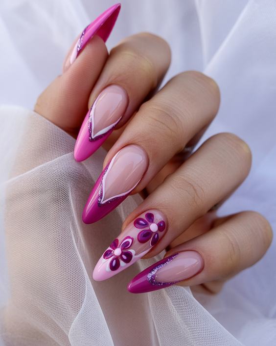 cute pink nails 2026 Floral Pink Almond Nails With Delicate Art