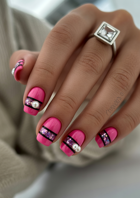 cute pink nails 2026 Short Pink Nails With Graphic Black Details