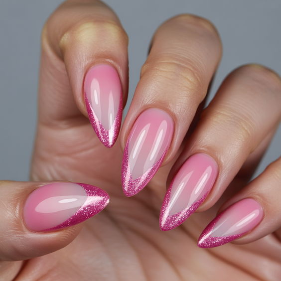 cute pink nails 2026 Soft Pink Almond Nails With Glitter French Tips