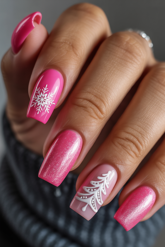 cute pink nails 2026 Winter Inspired Pink Square Nails With White Art